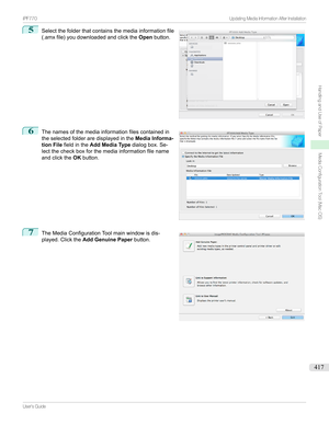 Page 4175
Selectthefolderthatcontainsthemediainformationfile
(.amxfile)youdownloadedandclickthe Openbutton.6

Thenamesofthemediainformationfilescontainedin
theselectedfolderaredisplayedinthe Media Informa-
tion File fieldinthe Add Media Type dialogbox.Se-
lectthecheckboxforthemediainformationfilename andclickthe OKbutton.
7

TheMediaConfigurationToolmainwindowisdis-
played.Clickthe Add Genuine Paper button.
...