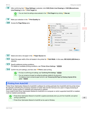 Page 458
AfterconfirmingthatDEasy Settings isselected,click CAD (Color Line Drawing) orCAD (Monochrome
Line Drawing ) intheEPrint Target list.
Note
