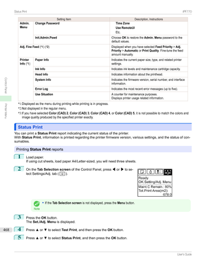 Page 468SettingItemDescription,InstructionsAdmin.MenuChange PasswordTime ZoneUse RemoteUIEtc.Init.Admin.PswdChooseOKtorestoretheAdmin. Menupasswordtothedefaultvalues.Adj. Fine Feed(*1)(*2)DisplayedwhenyouhaveselectedFeed Priority>Adj.Priority>AutomaticorPrint Quality.Fine-tunethefeedamountmanually.PrinterInfo(*1)Paper InfoIndicatesthecurrentpapersize,type,andrelatedprintersettings.Ink InfoIndicatesinklevelsandmaintenancecartridgecapacity.Head...