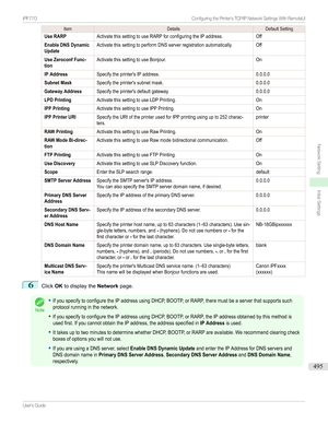 Page 495ItemDetailsDefaultSettingUse RARPActivatethissettingtouseRARPforconfiguringtheIPaddress.OffEnable DNS DynamicUpdateActivatethissettingtoperformDNSserverregistrationautomatically.OffUse Zeroconf Func-tionActivatethissettingtouseBonjour.OnIP AddressSpecifytheprinter'sIPaddress.0.0.0.0Subnet MaskSpecifytheprinter'ssubnetmask.0.0.0.0Gateway AddressSpecifytheprinter'sdefaultgateway.0.0.0.0LPD PrintingActivatethissettingtouseLDPPrinting.OnIPP...