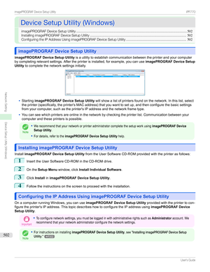 Page 502DeviceSetupUtility(Windows)DeviceSetupUtility(Windows)
imagePROGRAFDeviceSetupUtility ....................................................................................................................502
InstallingimagePROGRAFDeviceSetupUtility ..................................................................................................... 502
ConfiguringtheIPAddressUsingimagePROGRAFDeviceSetupUtility ............................................................... 502...