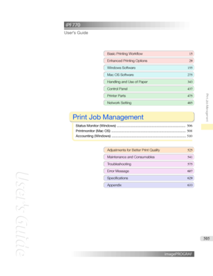 Page 505iPF770 User'sGuideBasicPrintingWorkflow 15
EnhancedPrintingOptions 29
WindowsSoftware155
MacOSSoftware 275
HandlingandUseofPaper343
ControlPanel437
PrinterParts 475
NetworkSetting485

PrintJobManagement

StatusMonitor(Windows) ....................................................................... 506
Printmonitor(MacOS) ............................................................................. 508
Accounting(Windows)...