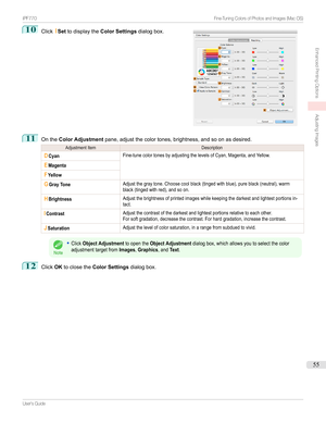 Page 5510
Click ISet todisplaythe Color Settings dialogbox.11
OntheColor Adjustment pane,adjustthecolortones,brightness,andsoonasdesired.
AdjustmentItemDescriptionDCyanFine-tunecolortonesbyadjustingthelevelsofCyan,Magenta,andYellow.EMagentaFYellowGGray...