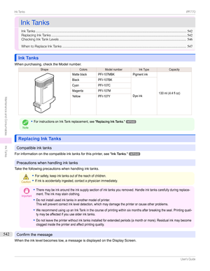 Page 542InkTanksInkTanks
InkTanks ..............................................................................................................................................................542
ReplacingInkTanks .............................................................................................................................................. 542
CheckingInkTankLevels...