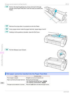 Page 5844
FoldanA4sheetlengthwisefourtimesandinsertitthrough
thegapofthePaperFeedSlot.Pushthescrapouttowardthe
Platen.5
RemovethescrapwhenitispushedoutontothePlaten.
6
Ifanyscrapsremaininsidethepaperfeedslot,repeatsteps4and5.
7

Holdingitatthepositionsindicated,closetheRollCover.
8

PulltheReleaseLeverforward.
Roll paper cannot be inserted into the Paper Feed SlotRoll paper cannot be inserted into the Paper Feed Slot...