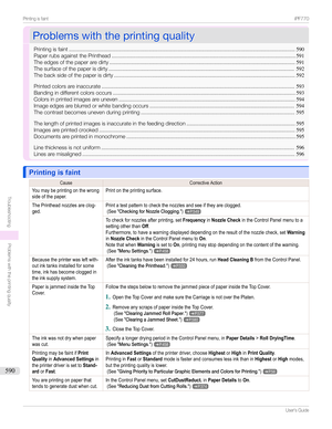 Page 590ProblemswiththeprintingqualityProblemswiththeprintingquality
Printingisfaint ......................................................................................................................................................590
PaperrubsagainstthePrinthead .......................................................................................................................... 591
Theedgesofthepaperaredirty...