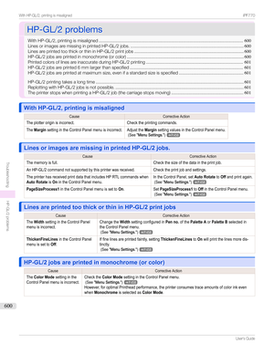 Page 600HP-GL/2problemsHP-GL/2problems
WithHP-GL/2,printingismisaligned ....................................................................................................................600
LinesorimagesaremissinginprintedHP-GL/2jobs. ........................................................................................... 600
LinesareprintedtoothickorthininHP-GL/2printjobs ........................................................................................ 600...