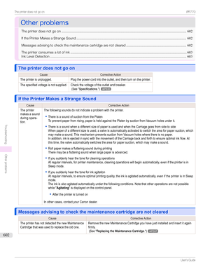 Page 602OtherproblemsOtherproblems
Theprinterdoesnotgoon ...................................................................................................................................602
IfthePrinterMakesaStrangeSound ................................................................................................................... 602
Messagesadvisingtocheckthemaintenancecartridgearenotcleared ............................................................... 602...