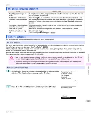 Page 603The printer consumes a lot of inkThe printer consumes a lot of ink
CauseCorrectiveActionManyfull-pagecolorimagesareprinted.Inprintjobssuchasphotos,imagesarefilledwithcolor.Thisconsumesalotofink.Thisdoesnotindicateaproblemwiththeprinter.Head Cleaning BintheControlPanelmenuisexecutedfrequent-ly.Head Cleaning...