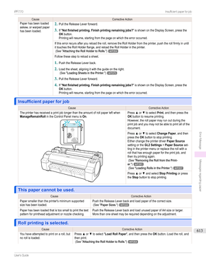 Page 613CauseCorrectiveActionPaperhasbeenloadedaskew,orwarpedpaperhasbeenloaded.
2
PulltheReleaseLeverforward.
3
IfNot finished printing. Finish printing remaining...