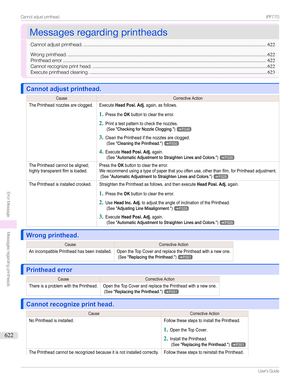 Page 622MessagesregardingprintheadsMessagesregardingprintheads
Cannotadjustprinthead. ......................................................................................................................................622
Wrongprinthead. .................................................................................................................................................. 622
Printheaderror...