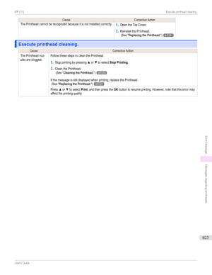 Page 623CauseCorrectiveActionThePrintheadcannotberecognizedbecauseitisnotinstalledcorrectly.
1
OpentheTopCover.
2
ReinstallthePrinthead.(SeeReplacingthePrinthead.)