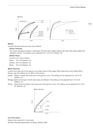 Page 115115
Custom Picture Settings
[Black]
Controls the black level and color cast of blacks.
[Master Pedestal]
The master pedestal increases or decreases the black level. Higher settings will make dark areas brighter but 
decrease contrast. This setting can be adjusted from -50 to 50. (Default: ±0)
[Master Black]
Corrects color cast in blacks.
[Red]:   -50 to 50 (Default: ±0)
[Green]: -50 to 50 (Default: ±0)
[Blue]:  -50 to 50 (Default: ±0)
[Black Gamma]
Controls the lower part of the gamma curve (dark areas...