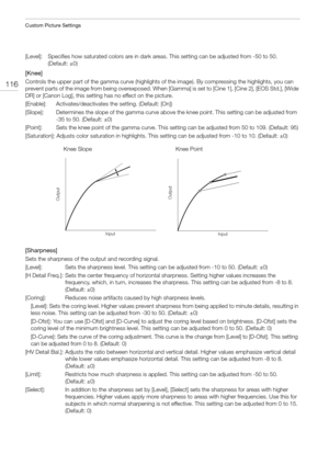 Page 116Custom Picture Settings
116
[Level]: Specifies how saturated colors are in dark areas. This setting can be adjusted from -50 to 50. 
(Default: ±0)
[Knee]
Controls the upper part of the gamma curve (highlights of the image). By compressing the highlights, you can 
prevent parts of the image from being overexposed. When [Gamma] is set to [Cine 1], [Cine 2], [EOS Std.], [Wide 
DR] or [Canon Log], this setting has no effect on the picture.
[Enable]: Activates/deactivates the setting. (Default: [On])
[Slope]:...