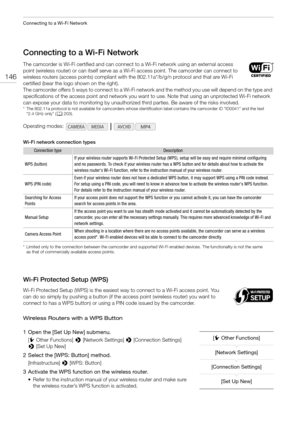 Page 146Connecting to a Wi-Fi Network
146
Connecting to a Wi-Fi Network
The camcorder is Wi-Fi certified and can connect to a Wi-Fi network using an external access 
point (wireless router) or can itself serve as a Wi-Fi access point. The camcorder can connect to 
wireless routers (access points) compliant with the 802.11a*/b/g/n protocol and that are Wi-Fi 
certified (bear the logo shown on the right).
The camcorder offers 5 ways to connect to a Wi-Fi network and the method you use will depend on the type and...