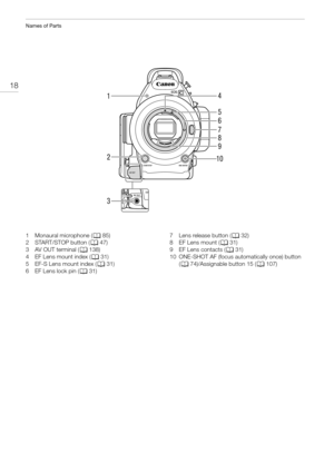 Page 18Names of Parts
18
14
5
6
7
8
9
10 2
3
1Monaural microphone (A85)
2START/STOP button (A47)
3AV OUT terminal (A138)
4 EF Lens mount index (A31)
5 EF-S Lens mount index (A31)
6 EF Lens lock pin (A31)7 Lens release button (A32)
8 EF Lens mount (A31)
9 EF Lens contacts (A31)
10 ONE-SHOT AF (focus automatically once) button 
(A74)/Assignable button 15 (A107) 