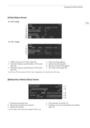 Page 179179
Displaying the Status Screens
[Video] Status Screen
* Also shows LPCM recording (for AVCHD clips, if applicable) or the resolution (for MP4 clips).
[Battery/Hour Meter] Status Screen
* Only for battery packs bearing the Intelligent System mark.
5 3 1
2
4
6
3 1
2
7
In  mode
In  mode
1 HDMI output and LUT status (A138)
2 Onscreen displays superimposed on HD output 
(A139)
3 Onscreen displays superimposed on SD output 
(A139)4 Relay recording (A43)
5 Special recording (A97)
6 Bit rate and frame rate...