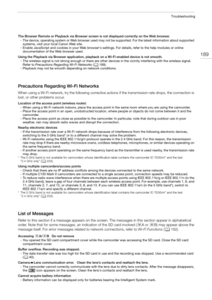 Page 189189
Troubleshooting
The Browser Remote or Playback via Browser screen is not displayed correctly on the Web browser.
- The device, operating system or Web browser used may not be supported. For the latest information about supported 
systems, visit your local Canon Web site.
- Enable JavaScript and cookies in your Web browser's settings. For details, refer to the help modules or online 
documentation of the Web browser used.
Using the Playback via Browser application, playback on a Wi-Fi-enabled...