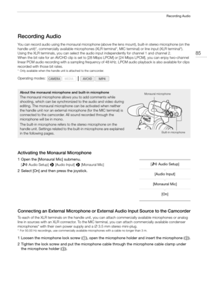 Page 8585
Recording Audio
Recording Audio
You can record audio using the monaural microphone (above the lens mount), built-in stereo microphone (on the 
handle unit)*, commercially available microphones (XLR terminal*, MIC terminal) or line input (XLR terminal*). 
Using the XLR terminals, you can select the audio input independently for channel 1 and channel 2.
When the bit rate for an AVCHD clip is set to [28 Mbps LPCM] or [24 Mbps LPCM], you can enjoy two-channel 
linear PCM audio recording with a sampling...