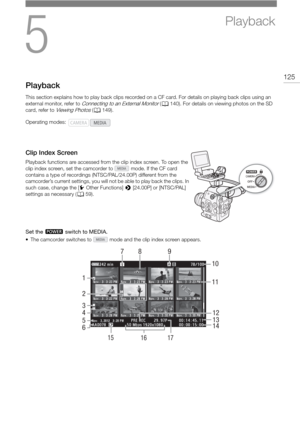 Page 1255
125
Playback
Playback
This section explains how to play back clips recorded on a CF card. For details on playing back clips using an 
external monitor, refer to 
Connecting to an External Monitor ( A 140). For details on viewing photos on the SD 
card, refer to 
Viewing Photos ( A 149).
Clip Index Screen
Playback functions are accessed from  the clip index screen. To open the 
clip index screen, set the camcorder to   mode. If the CF card 
contains a type of recordings (NTSC/PAL/24.00P) different from...