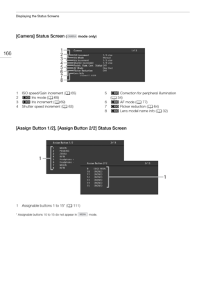 Page 166Displaying the Status Screens
166
[Camera] Status Screen ( mode only)
[Assign Button 1/2], [Assign Button 2/2] Status Screen
* Assignable buttons 10 to 15 do not appear in   mode.
1
2
3
4
5
6
7
8
1 ISO speed/Gain increment (A 65)
2 #  Iris mode ( A69)
3 #  Iris increment ( A69)
4 Shutter speed increment ( A63)  5
#  Correction for peripheral illumination 
( A 34)
6 #  AF mode ( A77)
7 #  Flicker reduction ( A64)
8 #  Lens model name info ( A32)
1
1
1 Assignable buttons 1 to 15* (A111) 