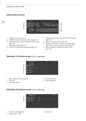 Page 168Displaying the Status Screens
168
[Video] Status Screen
[Metadata 1/2] Status Screen 
( mode only)
[Metadata 2/2] Status Screen ( mode only)
16
7 5
8
9
2
3
4
1 HDMI OUT terminal status
2 HD/SD SDI terminal output setting (
A141)
3 Superimposing onscreen displays to HD output  (A 142)
4 SD output setting ( A142)
5 SYNC OUT terminal output status ( A141) 6 Superimposing onscreen displays to SD output 
(A 142)
7 Special recording mode ( A106)
8 Number of frames for interval recording mode  (A 106) or frame...