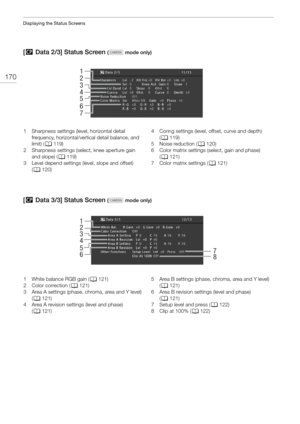 Page 170Displaying the Status Screens
170
[/  Data 2/3] Status Screen ( mode only)
[/  Data 3/3] Status Screen ( mode only)
1
3
2
5
6
7
4
1 Sharpness settings (level, horizontal detail 
frequency, horizontal/vertical detail balance, and 
limit) ( A119)
2 Sharpness settings (select, knee aperture gain  and slope) ( A119)
3 Level depend settings (level, slope and offset) 
(A 120) 4 Coring settings (level, offset, curve and depth) 
(A 119)
5Noise reduction ( A120)
6 Color matrix settings  (select, gain and phase)...