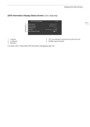 Page 171171
Displaying the Status Screens
[GPS Information Display] Status Screen ( mode only)
For details refer to 
Recording GPS Information (Geotagging) ( A 103).
1
3 2
54
1Latitude
2Longitude
3Elevation 4 UTC (coordinated universal time) date and time
5 Satellite signal strength 