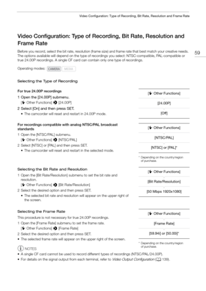 Page 5959
Video Configuration: Type of Recording, Bit Rate, Resolution and Frame Rate
Video Configuration: Type of Recording, Bit Rate, Resolution and 
Frame Rate
Before you record, select the bit rate, resolution (frame  size) and frame rate that best match your creative needs. 
The options available will depend on  the type of recordings you select: NTSC-compatible, PAL-compatible or 
true 24.00P recordings. A single CF card can contain only one type of recordings.
Selecting the Type of Recording
For true...