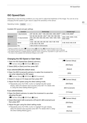 Page 6565
ISO Speed/Gain
ISO Speed/Gain
Depending on the shooting conditions you may want to adjust the brightness of the image. You can do so by 
changing the ISO speed or gain value to adjust the sensitivity of the sensor.
Available ISO speed and gain settings
1Settings available only when [ ~ Camera Setup]  > [ISO/Gain]  > [Extended Range] is set to [On].2The minimum and maximum ISO speeds are available even when the 1-stop increment scale is selected.3ISO speed required for a suitable dynamic range for...