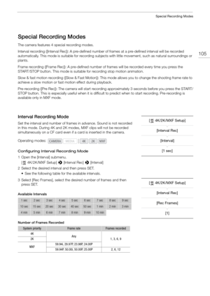 Page 105105
Special Recording Modes
Special Recording Modes
The camera features 4 special recording modes.
Interval recording ([Interval Rec]): A pre-defined number of frames at a pre-defined interval will be recorded 
automatically. This mode is suitable for recording subjects with little movement, such as natural surroundings or 
plants.
Frame recording ([Frame Rec]): A pre-defined number of frames will be recorded every time you press the 
START/STOP button. This mode is suitable for recording stop motion...