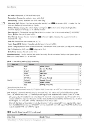 Page 174Menu Options
174
[Bit Rate]: Displays the bit rate when set to [On].
[Resolution]:  Displays the resolution when set to [On].
[Frame Rate]: Displays the frame rate when set to [On].
[Character Rec]:  Displays the character  recording warning icon ( S) when set to [On], indicating that the 
onscreen displays will be recorded on the clip.
[Output Display]:  Displays the output display warning icon ( T) when set to [On], indicating that the 
onscreen displays will be output to an external monitor.
[Rec...