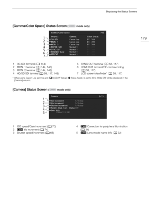 Page 179179
Displaying the Status Screens
[Gamma/Color Space] Status Screen ( mode only)
* When using Canon Log gamma and [£ LCD/VF Setup]  > [View Assist.] is set to [On], [Wide DR] will be displayed in the 
[Gamma] column.
[Camera] Status Screen ( mode only)
1
3
4
5
2
6
7
13G-SDI terminal ( A 144)
2 MON. 1 terminal ( A 144, 148)
3 MON. 2 terminal ( A 144, 148)
4 HD/SD SDI terminal (
A 58, 117, 148) 5 SYNC OUT terminal (
A 58, 117)
6 HDMI OUT terminal/CF card recording  (A  58, 117)
7 LCD screen/viewfinder* ( A...