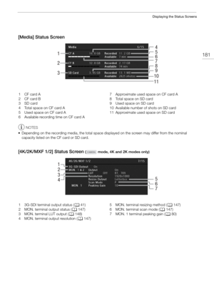 Page 181181
Displaying the Status Screens
[Media] Status Screen
NOTES
• Depending on the recording media, the total space di splayed on the screen may differ from the nominal 
capacity listed on the CF card or SD card.
[4K/2K/MXF 1/2] Status Screen (  mode, 4K and 2K modes only) 
1 6 4
7
8 5
9
10
11
2
3
1CF card A
2CF card B
3 SD card
4 Total space on CF card A
5 Used space on CF card A
6 Available recording time on CF card A 7 Approximate used space on CF card A
8 Total space on SD card
9 Used space on SD card...