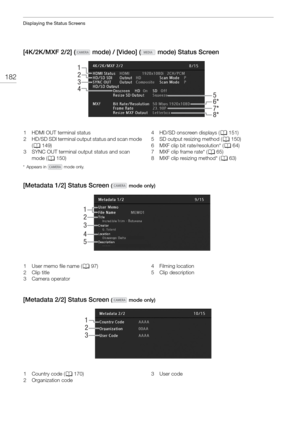 Page 182Displaying the Status Screens
182
[4K/2K/MXF 2/2] (  mode) / [Video] (  mode) Status Screen 
* Appears in   mode only.
[Metadata 1/2] Status Screen ( mode only)
[Metadata 2/2] Status Screen ( mode only)
2
3
45
6*
8*
7*
1
1 HDMI OUT terminal status
2 HD/SD SDI terminal output status and scan mode 
(A 149)
3 SYNC OUT terminal outp ut status and scan 
mode ( A150) 4 HD/SD onscreen displays (
A151)
5 SD output resizing method ( A150)
6 MXF clip bit rate/resolution* ( A64)
7 MXF clip frame rate* ( A65)
8 MXF...