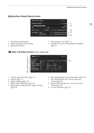 Page 183183
Displaying the Status Screens
[Battery/Hour Meter] Status Screen
[/  Data 1/3] Status Screen 
( mode only)
1
2
3
4
5
1 Remaining recording time
2 Remaining battery level indicator
3 Battery life indicator 4 Total operation time (
A177)
5 Operation time since using [Reset Hour Meter] 
(A 177)
1
3
2
5
6
7
8
4 9
1 Custom picture file name (
A114)
2Gamma ( A117)
3 Master pedestal ( A118)
4 Master black RGB levels ( A118)
5 Black gamma settings (level, range and point)  (A 118) 6 Knee settings (slope,...