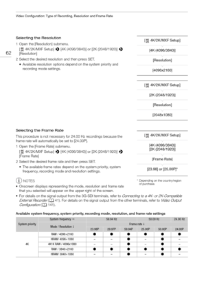 Page 62Video Configuration: Type of Recording, Resolution and Frame Rate
62
Selecting the Resolution
1 Open the [Resolution] submenu.
[ 4K/2K/MXF Setup] >  [4K (4096/3840)] or [2K (2048/1920)]  > 
[Resolution]
2 Select the desired resolution and then press SET. • Available resolution options depend on the system priority and  recording mode settings.
Selecting the Frame Rate
This procedure is not necessary for 24.00 Hz recordings because the 
frame rate will automatically be set to [24.00P].
1 Open the [Frame...