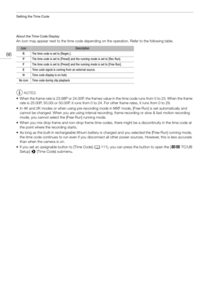 Page 86Setting the Time Code
86
About the Time Code Display
An icon may appear next to the time code depending on the operation. Refer to the following table.
NOTES
• When the frame rate is 23.98P or 24.00P, the frames valu e in the time code runs from 0 to 23. When the frame 
rate is 25.00P, 50.00i or 50.00P, it runs from 0 to 24. For other frame rates, it runs from 0 to 29.
• In 4K and 2K modes or when using pre-recording mode  in MXF mode, [Free Run] is set automatically and 
cannot be changed. When you are...