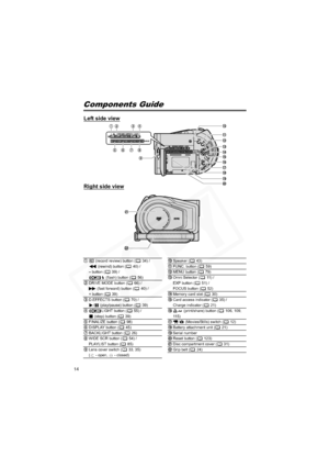 Page 14
14
Components Guide
 (record review) button ( 34) /  (rewind) button ( 40) / 
– button ( 39) / 
 (flash) button ( 56) Speaker ( 43) 
FUNC. button ( 59) 
MENU button ( 79)
Omni Selector ( 11) / 
EXP button ( 51) / 
FOCUS button ( 52)
DRIVE MODE button ( 66) / 
 (fast forward) button ( 40) / 
+ button ( 39) Memory card slot ( 30)
D.EFFECTS button ( 70) /  /  (play/pause) button ( 39) Card access indicator ( 35) / 
Charge indicator ( 21)
LIGHT button ( 55) / 
 (stop) button ( 39)  (print/share) button (...