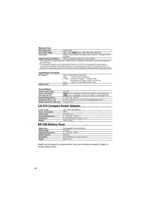 Page 142
142
CA-570 Compact Power Adapter
BP-208 Battery Pack
Weight and dimensions are approximate. Errors and omissions excepted. Subject to 
change without notice.Memory Card
Recording media
miniSD Card*
Size of Still Images 1632 x 1224 (  only), 1280 x 960, 640 x 480 pixels
File Format Design rule for Camera File system (DCF), Exif 2.2** compliant, DPOF 
compliant
Image Compression Method JPEG (compression: Super Fine, Fine, Normal) 
* This camcorder has been tested with miniSD cards up to 256 MB....