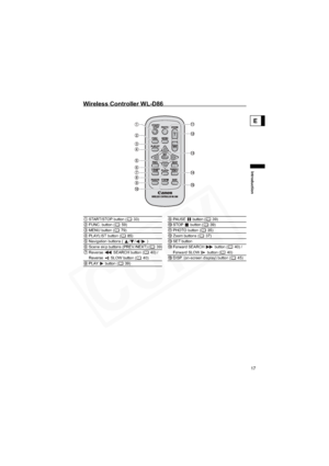 Page 17
17
Introduction
E
Wireless Controller WL-D86
START/STOP button ( 33) PAUSE   button ( 39)
FUNC. button ( 59) STOP   button ( 39)
MENU button ( 79) PHOTO button ( 35)
PLAYLIST button ( 85) Zoom buttons ( 37)
Navigation buttons (  / / /  ) SET button
Scene skip buttons (PREV./NEXT) ( 39) Forward SEARCH   button ( 40) / Forward SLOW   button ( 40)
Reverse   SEARCH button ( 40) / 
Reverse   SLOW button ( 40) DISP. (on-screen display) button ( 45)
PLAY  button ( 39)  