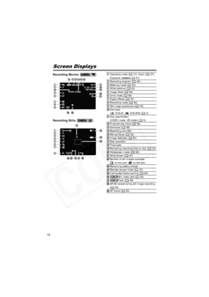 Page 18
18
Screen Displays
Recording Movies Operating mode ( 12), Zoom ( 37), 
Exposure ( 51)
Recording program ( 46)
Metering mode ( 62)
White balance ( 63)
Image effect ( 65)
Drive mode ( 66)
Digital effects ( 70)
Recording mode ( 60)
Still image quality/size ( 76)
Disc type  DVD-R,   DVD-RW ( 5)
Disc specification 
(VIDEO mode, VR mode) ( 5)
Recording Stills Finalized disc mark ( 98)
Self-timer ( 58)
Recording reminder
Manual focus ( 52)
Image stabilizer ( 81)
Disc operation
Time code
Remaining recording...