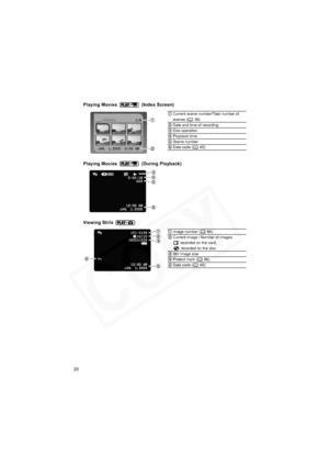 Page 20
20
Playing Movies   (Index Screen)
Current scene number/Total number of 
scenes ( 39)
Date and time of recording
Disc operation
Playback time
Scene number
Data code ( 45)
Playing Movies   (During Playback)
Viewing Stills 
Image number ( 84)
Current image / Number of images  recorded on the card,  recorded on the disc
Still image size
Protect mark ( 96)
Data code ( 45)  