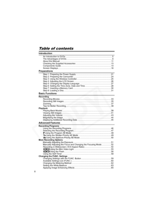 Page 8
8
Table of contents
Introduction
An Introduction to DVDs ..................................................................................5
The Advantages of DVDs ................................................................................6
About this Manual .......................................................................................... 11
Checking the Supplied Accessories ..............................................................13
Components...