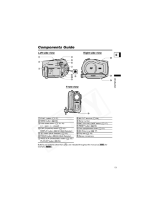 Page 13
13
Introduction
E
Components Guide
Buttons and switches other than ( ) are indicated throughout the manual as   (for 
example, ).FUNC. button ( 37)  AV OUT terminal ( 64)
MENU button ( 33) Serial number
Lens cover switch ( 24, 26)
(  - open,   - closed)
BATTERY RELEASE switch ( 17)
RESET button ( 66)
EXP (Exposure) switch ( 43) / 
DISPLAY button ( 32) (Multi Selector) Disc compartment cover ( 22)
DC IN terminal ( 17)
 button (Multi Selector) ( 10) Grip belt ( 19)
FOCUS button ( 44) (Multi Selector)...