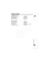 Page 143
143
Additional Information
E
Product Codes
Provided AccessoriesCA-570 Compact Power Adapter  8468A002AA
BP-208 Battery Pack 0802B002AA
WL-D86 Wireless Controller D83-0722-000
MTC-100 Multi Cable D82-0790-000
IFC-300PCU USB Cable D82-0710-001
Optional AccessoriesCG-300 Battery Charger 0784B002AA
TL-H27 Tele-converter 0803B001AA
WD-H27 Wide-converter 0804B001AA
FS-H27U Filter Set 0805B001AA
WS-20 Wrist Strap 3118A002AA (D81-0190-202)
SC-2000 Soft Carrying Case 9389A001AA  