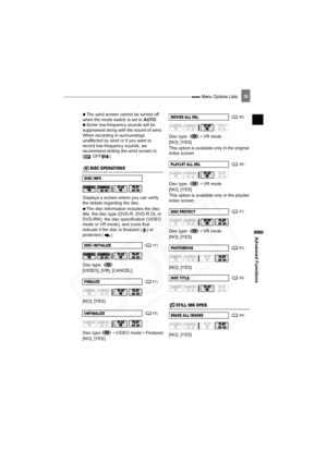 Page 39
 Menu Options Lists
Advanced Functions
39
 
  The wind screen cannot be turned off 
when the mode switch is set to  AUTO.
 
  Some low-frequency sounds will be 
suppressed along with the sound of wind. 
When recording in surroundings 
unaffected by wind or if you want to 
record low-frequency sounds, we 
recommend setting the wind screen to 
[ OFF].
Disc Operations (Photomovie, Finalize, etc.)DISC OPERATIONS
Displays a screen where you can verify 
the details regarding the disc.
 
  The disc information...