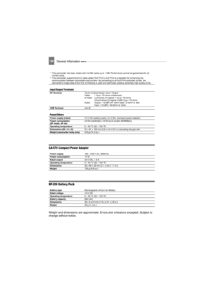 Page 108108General Information 
CA-570 Compact Power Adapter
BP-208 Batter y Pack
Weight and dimensions are approximate. Errors and omissions excepted. Subject to 
change without notice.
* This camcorder has been tested with miniSD cards up to 1 GB. Performance cannot be guaranteed for all 
miniSD cards.
** This camcorder supports Exif 2.2 (also called “Exif Print”). Exif Print is a standard for enhancing the 
communication between camcorders and printers. By connecting to an Exif Print-compliant printer, the...