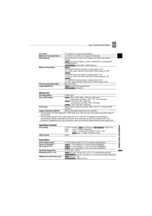 Page 117 General Information11 7
Additional Information
AF systemTTL autofocus, manual focusing possible
Minimum Focusing Distance1 m (3.3 ft.); 1 cm (0.39 in.) on maximum wide angle
White BalanceAuto white balance, custom white balance and preset white balance 
settings:
 DAYLIGHT, SHADE, CLOUDY, TUNGSTEN, FLUORESCENT, 
FLUORESCENT H
 DAYLIGHT, TUNGSTEN only
Minimum Illumination 
0.3 lx ([NIGHT] recording program, Shutter speed at 1/2)
4.5 lx (Auto mode, Auto slow shutter [ON], Shutter speed at 1/30)
 
2 lx...