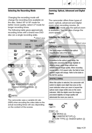 Page 31
Video • 31
Selecting the Recording Mode
Changing the recording mode will 
change the recording time available on 
the disc. Select XP or SP mode for 
better movie quality;  select LP mode for 
longer recording times.
The following table gives approximate 
recording times with a brand new DVD 
disc (on a single recording side).
 Default value
 
[
 STANDARD PLAY] 
Desired recording mode 
NOTES
The camcorder uses  a variable bit rate 
(VBR) when encoding  the video data so the 
actual recording times  will...